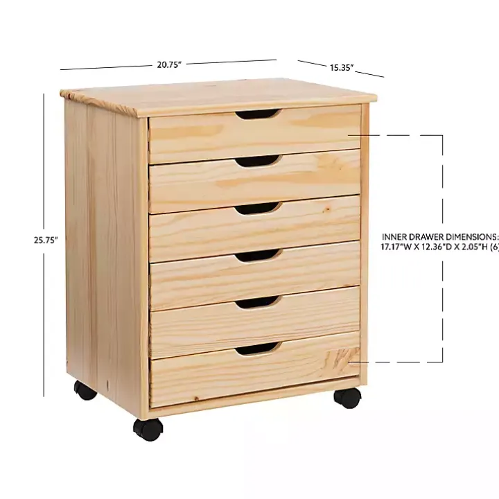 Natural Wood Wide 6-Drawer Cary Storage Cart