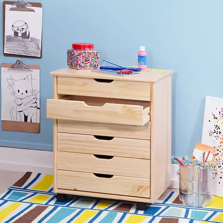 Natural Wood Wide 6-Drawer Cary Storage Cart