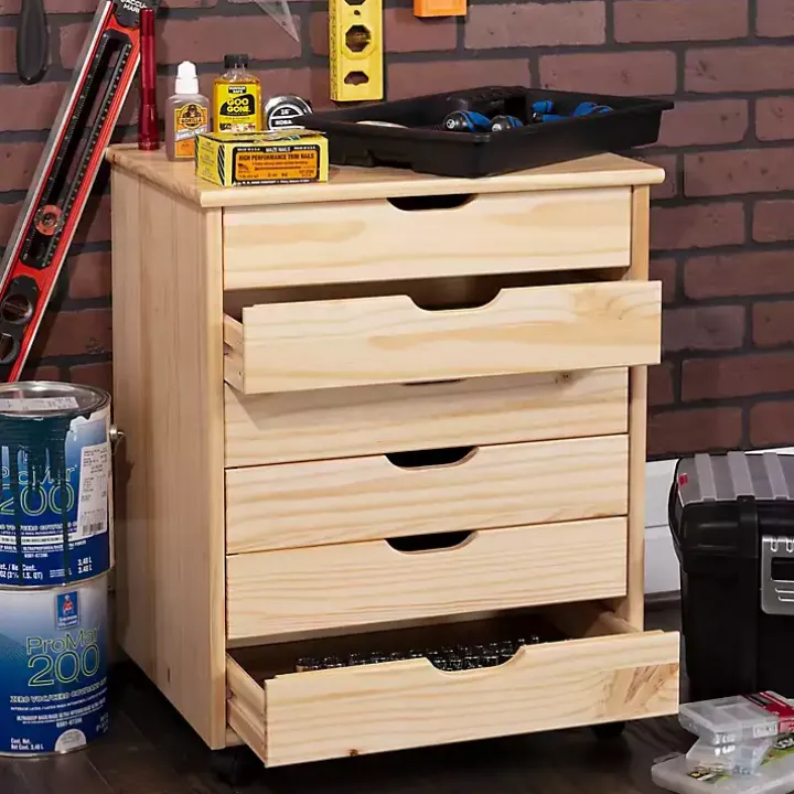 Natural Wood Wide 6-Drawer Cary Storage Cart