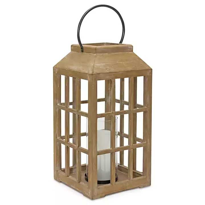 Natural Wood Windowpane Lantern, 22 in.