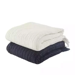 Navy and Cream Stitch Fringe Throw
