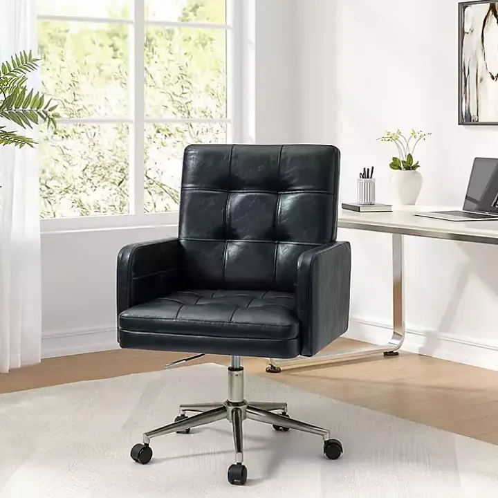 Navy Blue Tufted Faux Leather Swivel Office Chair