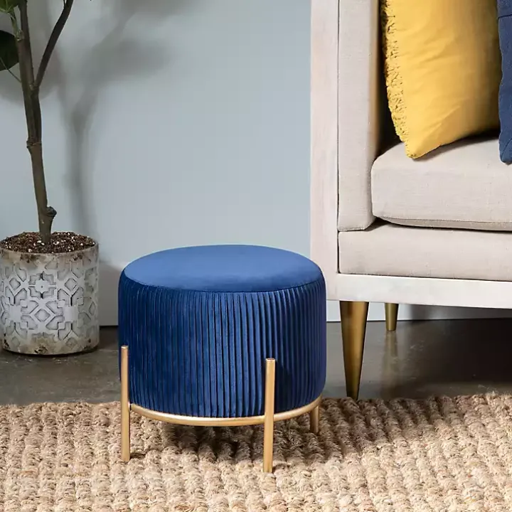 Navy Blue Velvet Upholstered Round Ottoman