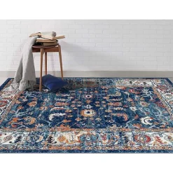 Navy Bordered Pattern Area Rug, 5x7