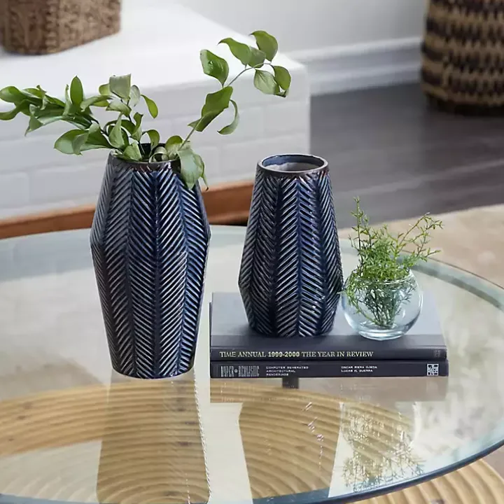 Navy Carved Chevron Ceramic Vases, Set of 2