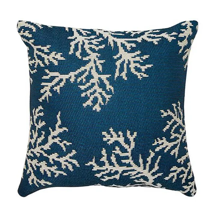 Navy Coral Woven Outdoor Throw Pillow