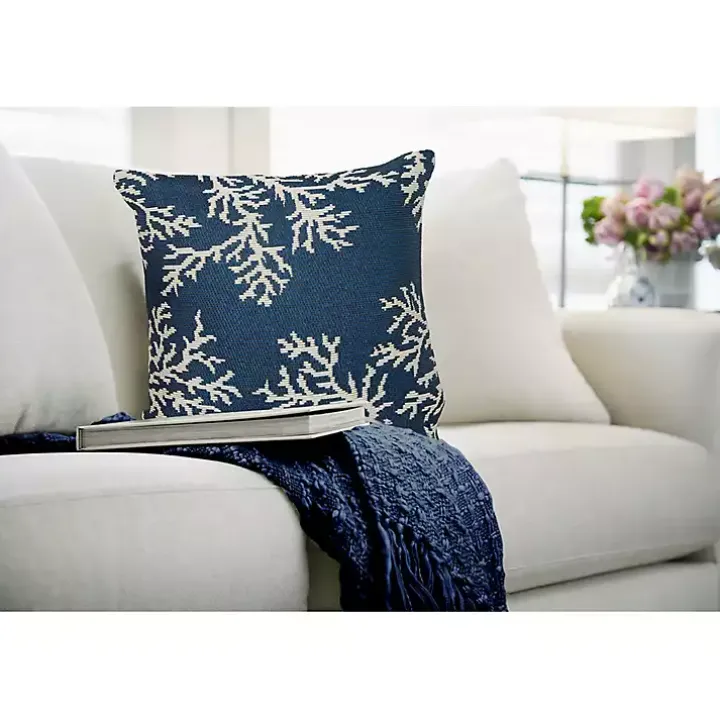 Navy Coral Woven Outdoor Throw Pillow