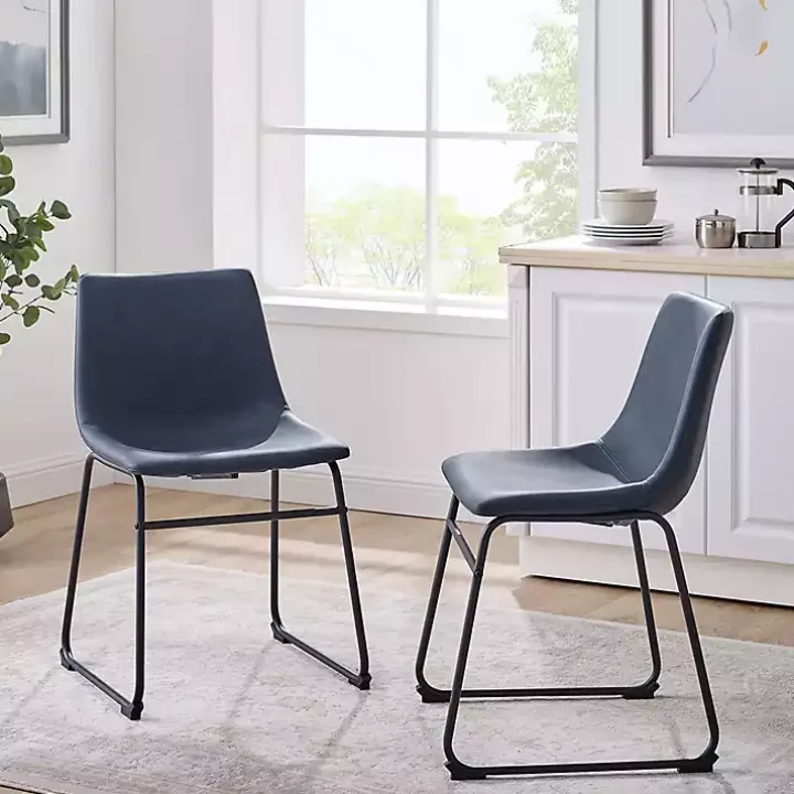 Navy Leather Industrial Dining Chairs, Set of 2