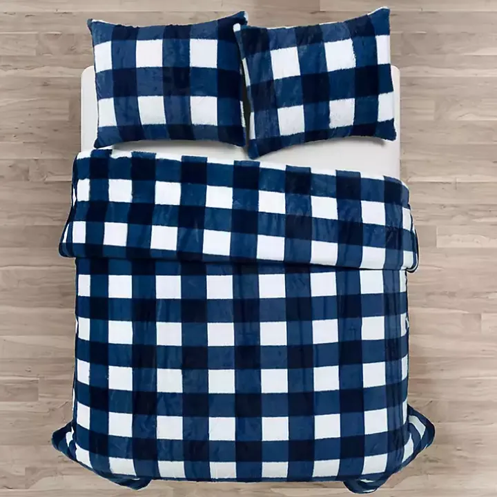 Navy Plaid Faux Fur 3-pc. Full/Queen Comforter Set