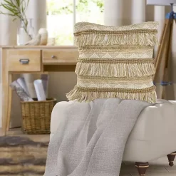 Neutral Embroidered Fringe Accent Pillow