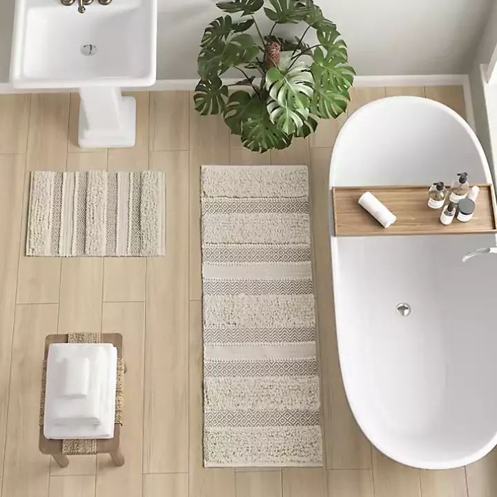 Neutral Tufted Stripes Woven Bath Mat
