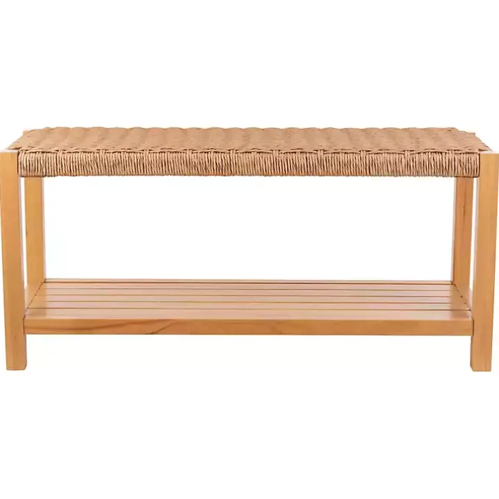Newport Natural Wood and Rattan Bench with Shelf