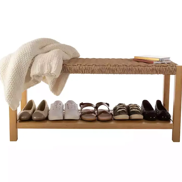 Newport Natural Wood and Rattan Bench with Shelf