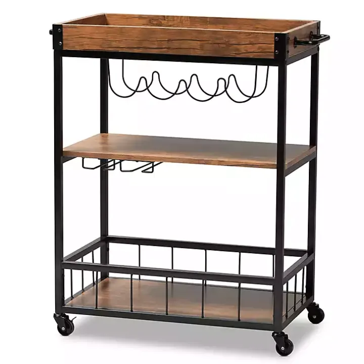 Oak and Black Metal Bar Cart with Bottle Rack