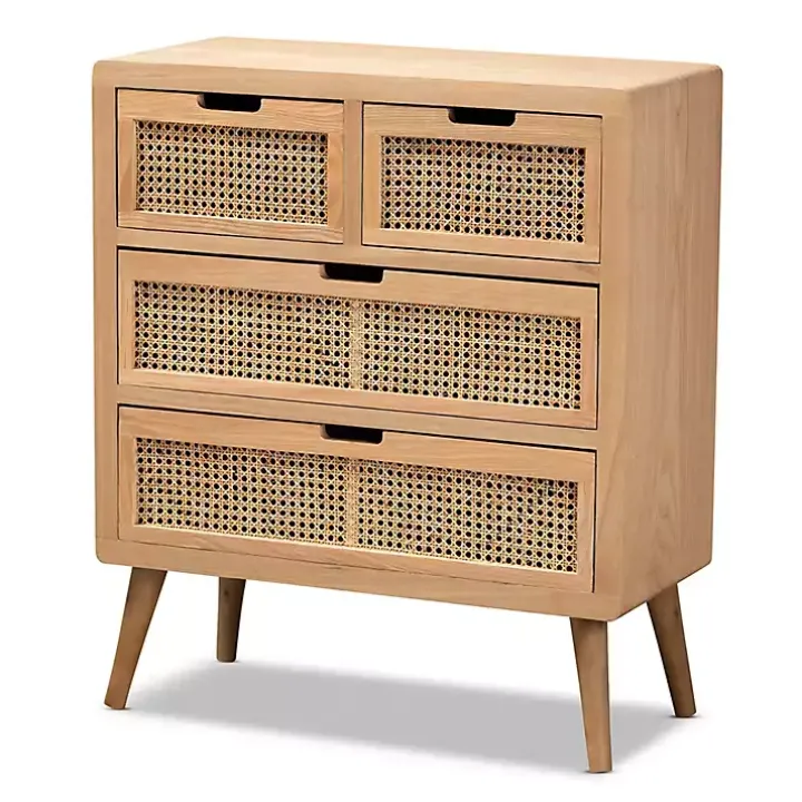 Oak and Rattan 4-Drawer Chest