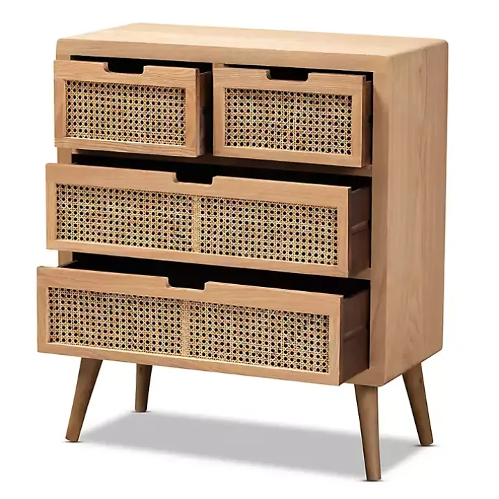 Oak and Rattan 4-Drawer Chest