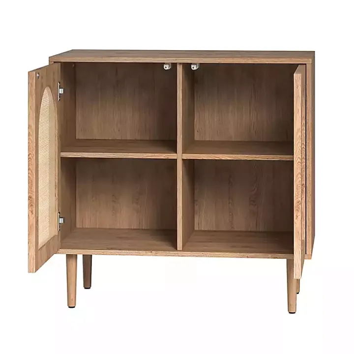 Oak Wood and Arched Rattan 2-Door Cabinet