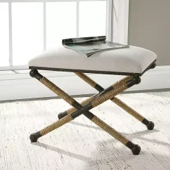 Oatmeal Upholstered Wrapped Rope Frame Bench