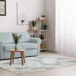 Ocean Blue Palm Leaves Outdoor Area Rug, 6x9
