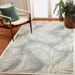 Ocean Blue Palm Leaves Outdoor Area Rug, 7x9
