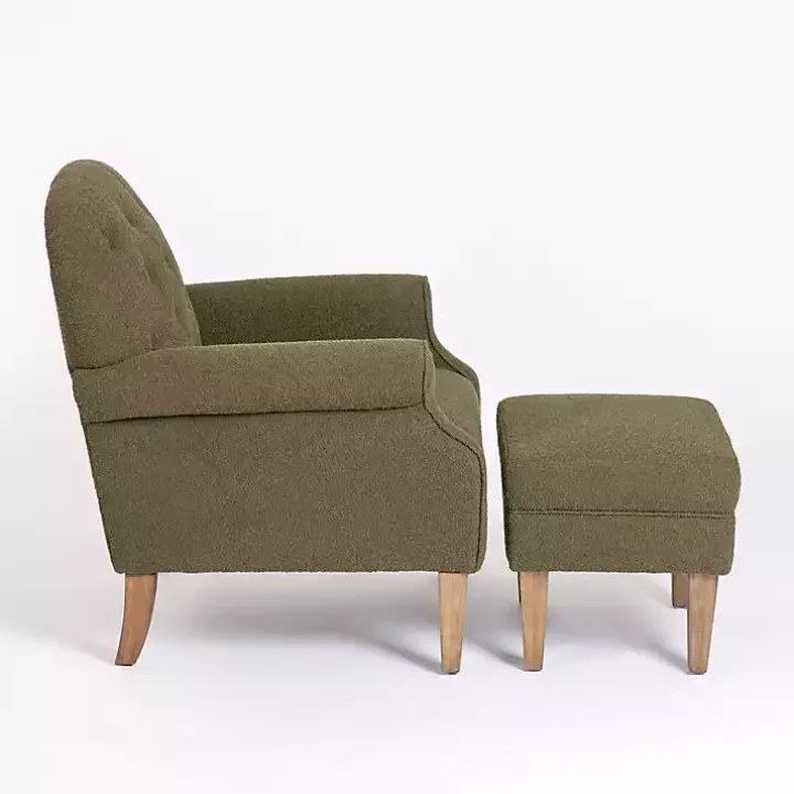 Olive Green Boucle Tufted Chair & Ottoman Set