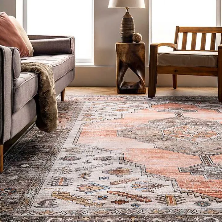 Orange Distressed Medallion Washable Runner