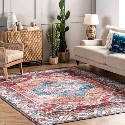 Orange Faded Medallion Washable Area Rug, 4x6