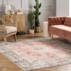 Orange Vintage Floral Washable Area Rug, 4x6