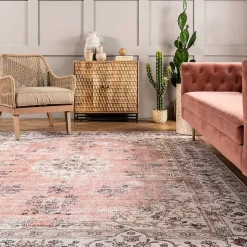 Orange Vintage Floral Washable Area Rug, 4x6