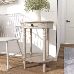 Oval Whitewashed Pine Wood Side Table