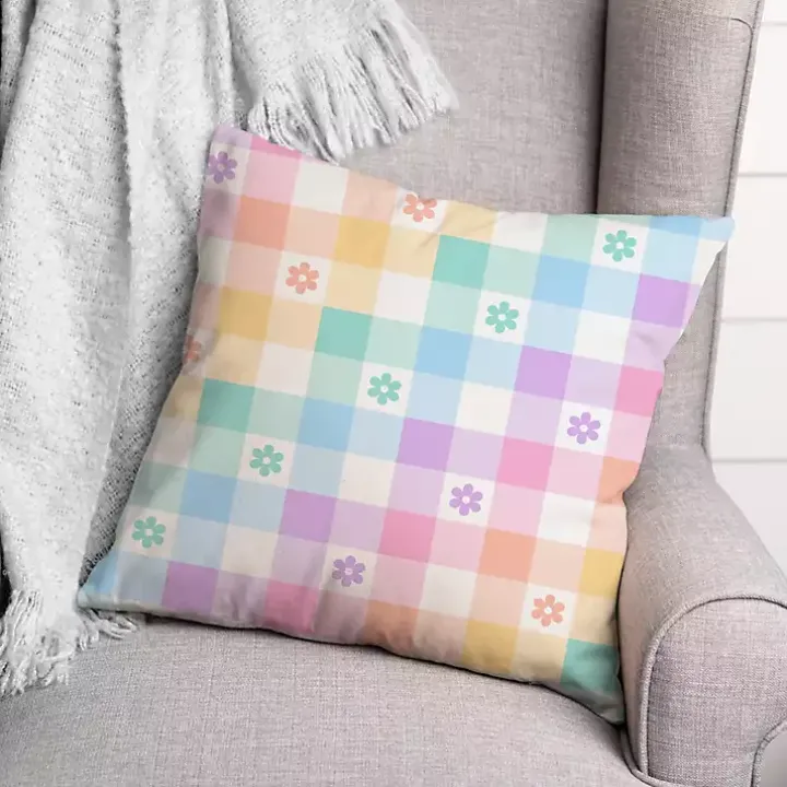 Pastel Checkered Floral Outdoor Pillow