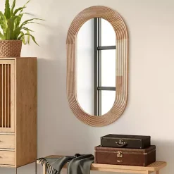 Pill Capsule Oval Shaped Wood Wall Mirror