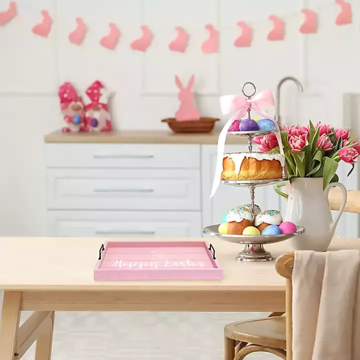 Pink Hoppy Easter Wood Tray