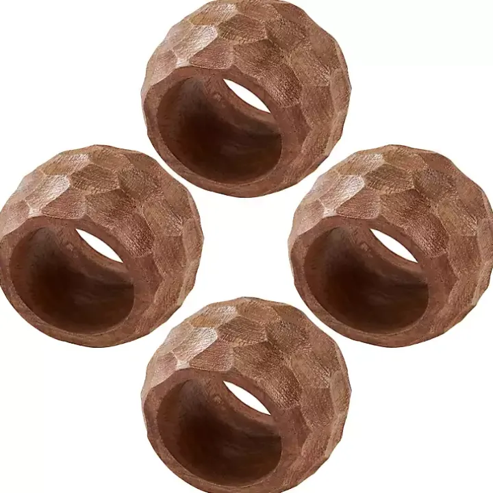 Pitted Chunky Mango Wood 4-pc. Napkin Ring Set