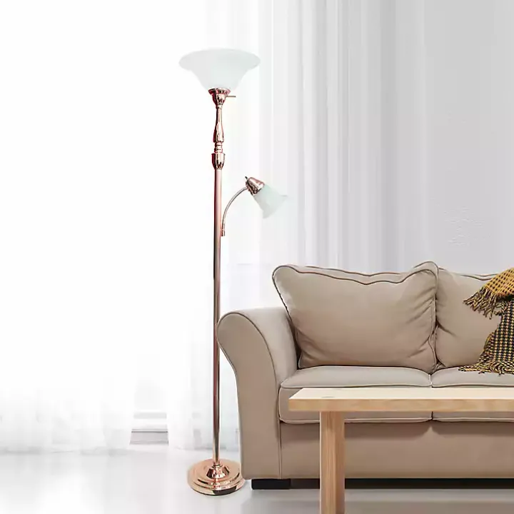 Polished Rose Gold and White Reading Arm Torchiere