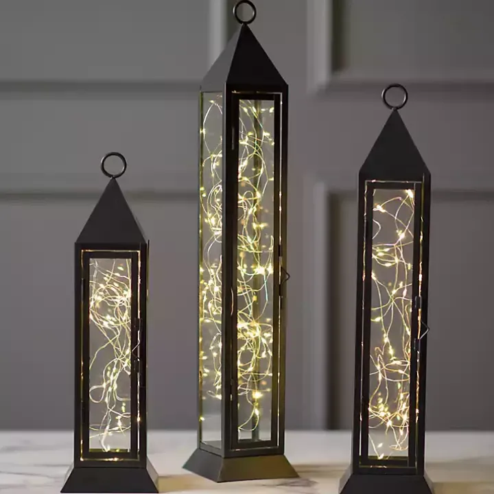 Pre-Lit Black Metal Twinkle Lights Lantern, 18 in.