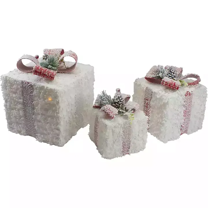 Pre-Lit Frosted White Rattan Gift Boxes, Set of 3