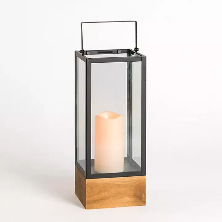 Pre-Lit Glass Lantern with Wood Base, 16 in.