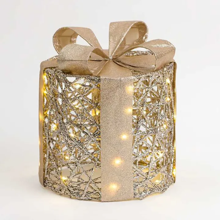 Pre-Lit Gold Glitter Christmas Gift Box, 10 in.
