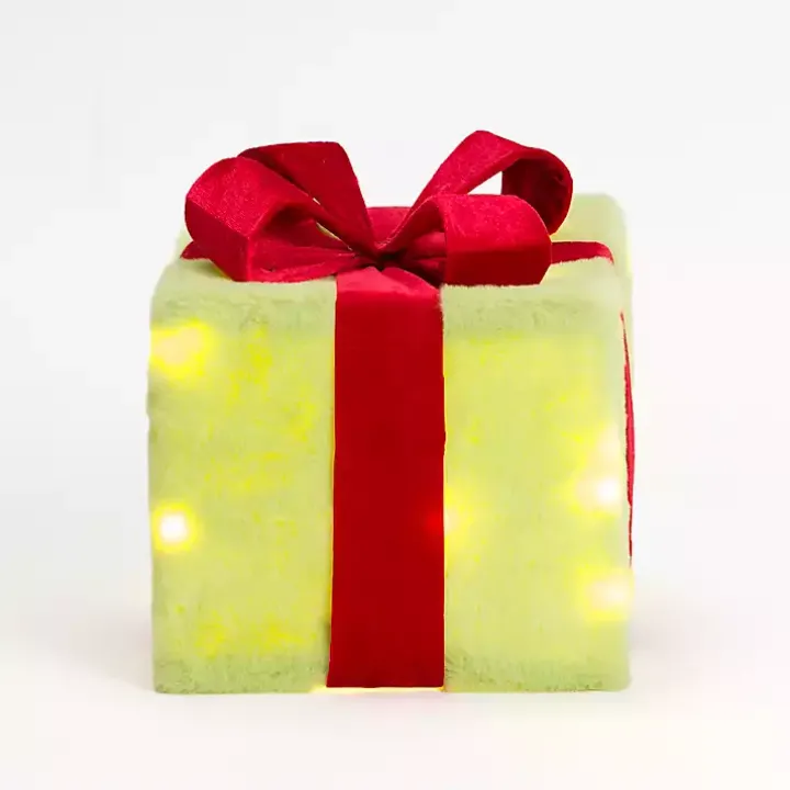 Pre-Lit Green Whimsical Christmas Gift Box, 8 in.