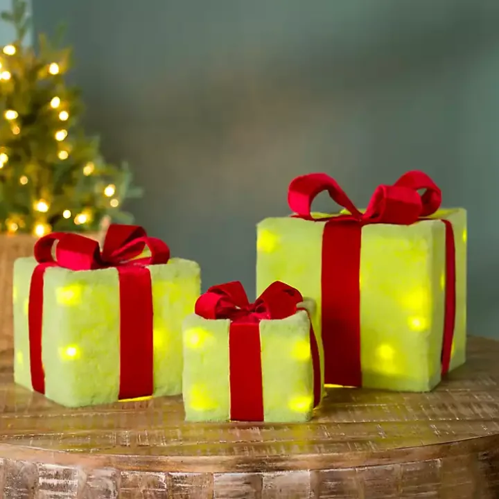 Pre-Lit Green Whimsical Christmas Gift Box, 8 in.