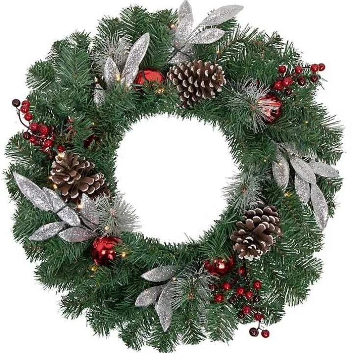 Pre-Lit Silver Leaf and Pine Wreath