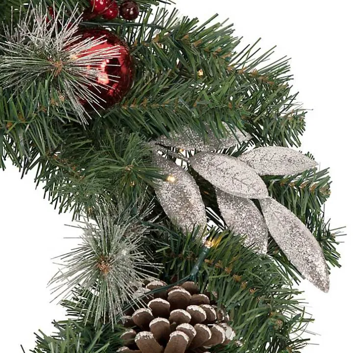 Pre-Lit Silver Leaf and Pine Wreath
