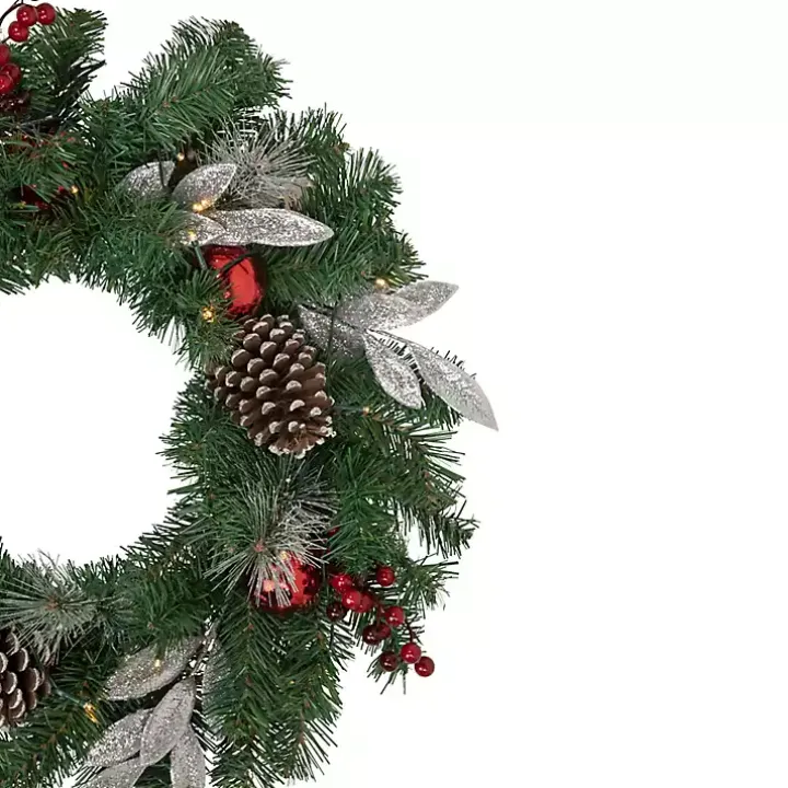 Pre-Lit Silver Leaf and Pine Wreath