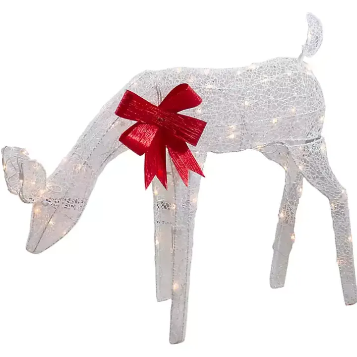 Pre-Lit White Mesh Red Bow Christmas Reindeer