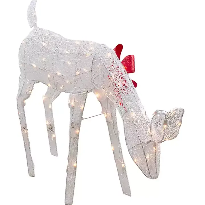 Pre-Lit White Mesh Red Bow Christmas Reindeer