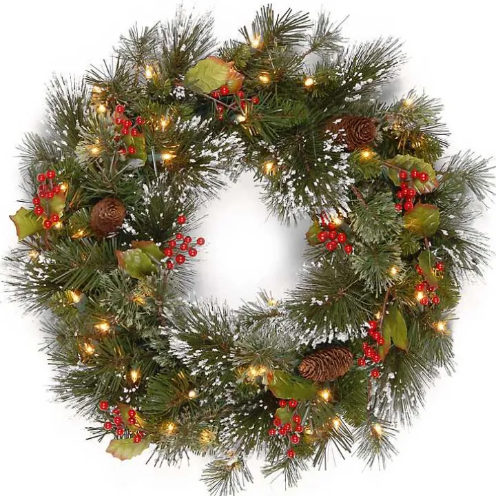 Pre-Lit Wintery Pine and Berry Christmas Wreath