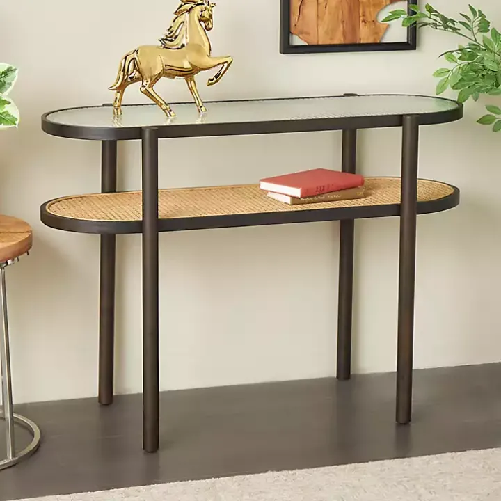 Rattan and Glass 2-Tier Console Table
