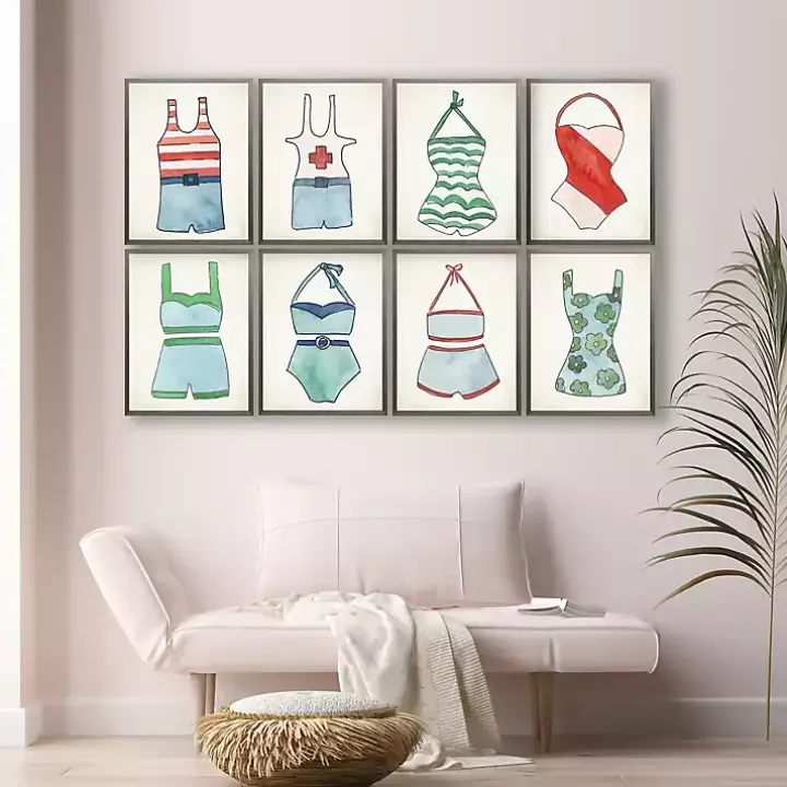 Red and Blue Vintage Swimsuits Art, Set of 4