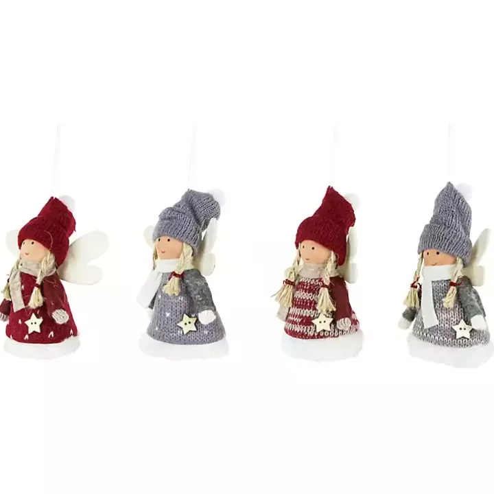 Red and Gray Angel Plush Ornaments, Set of 4